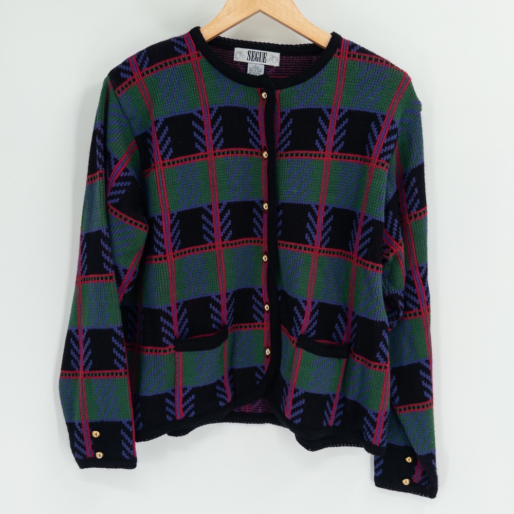 Vintage 90s Cardigan Sweater Womens Large L Jewel Tone Boxy Plaid Clueless Knit